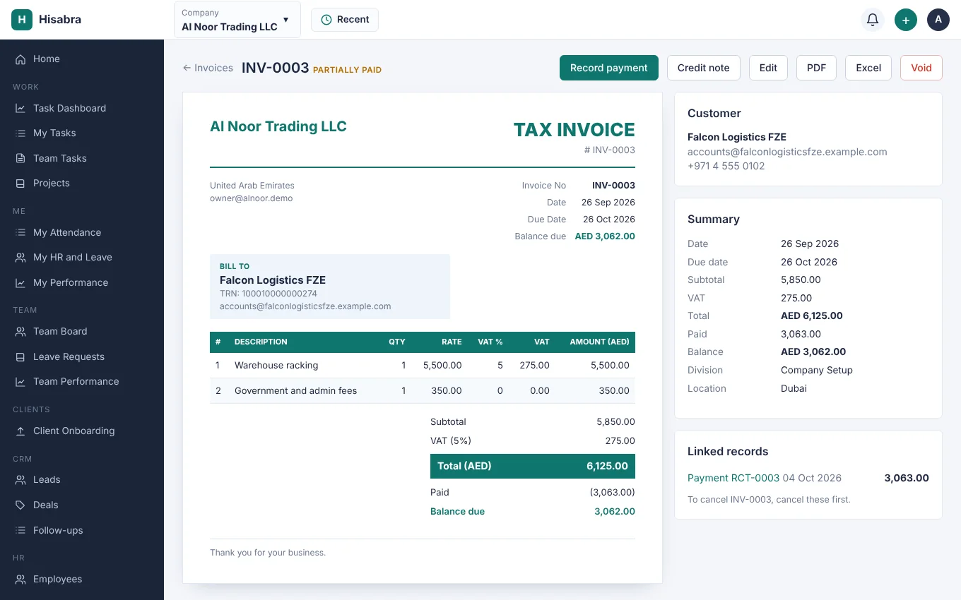An invoice open in Hisabra with its lines, VAT and the linked payment